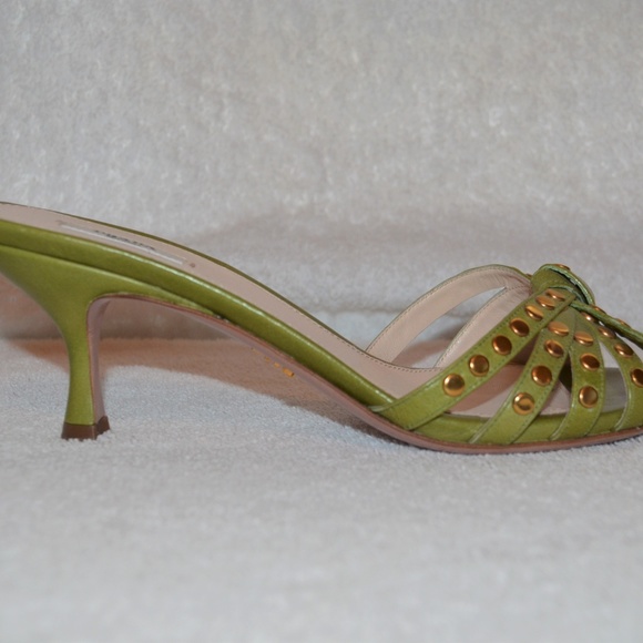 Prada Green Gold Studded Slip On Kitten Heels - Picture 4 of 6